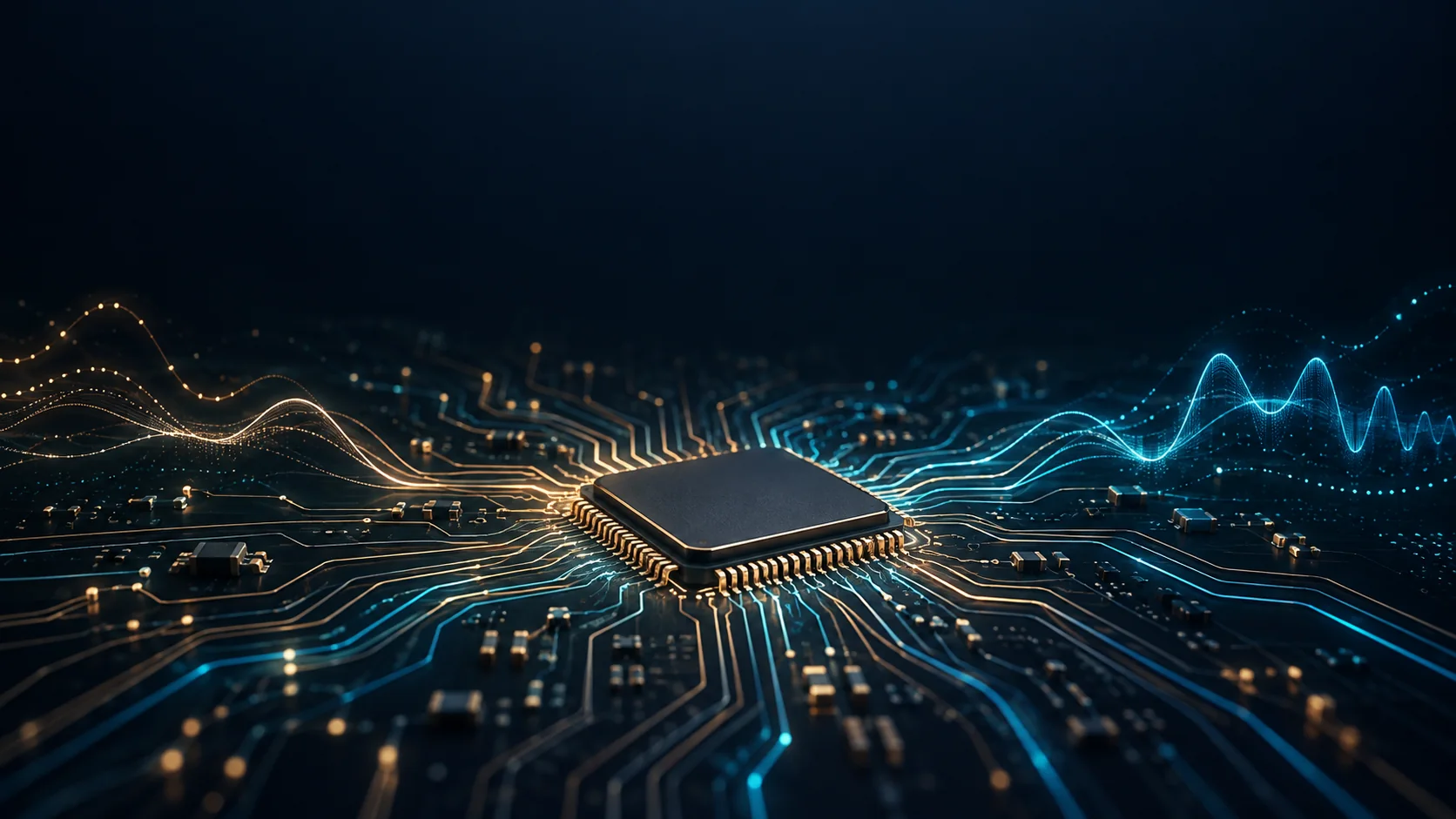 Concept illustration of a silicon chip with circuit traces flowing into neural signal patterns